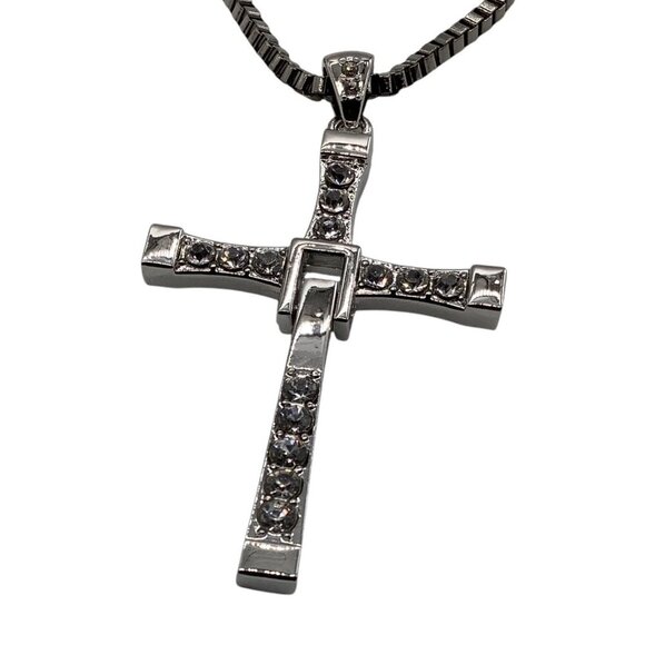 Men’s Rhinestone Cross Pendant Necklace Silver Box Chain - Picture 1 of 16